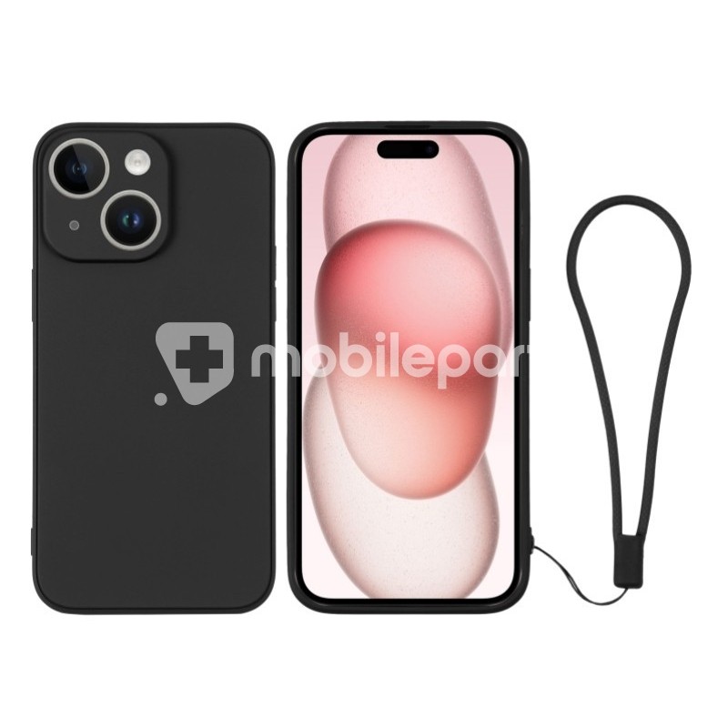 Silicone Case Black + Wrist Strap iPhone 15