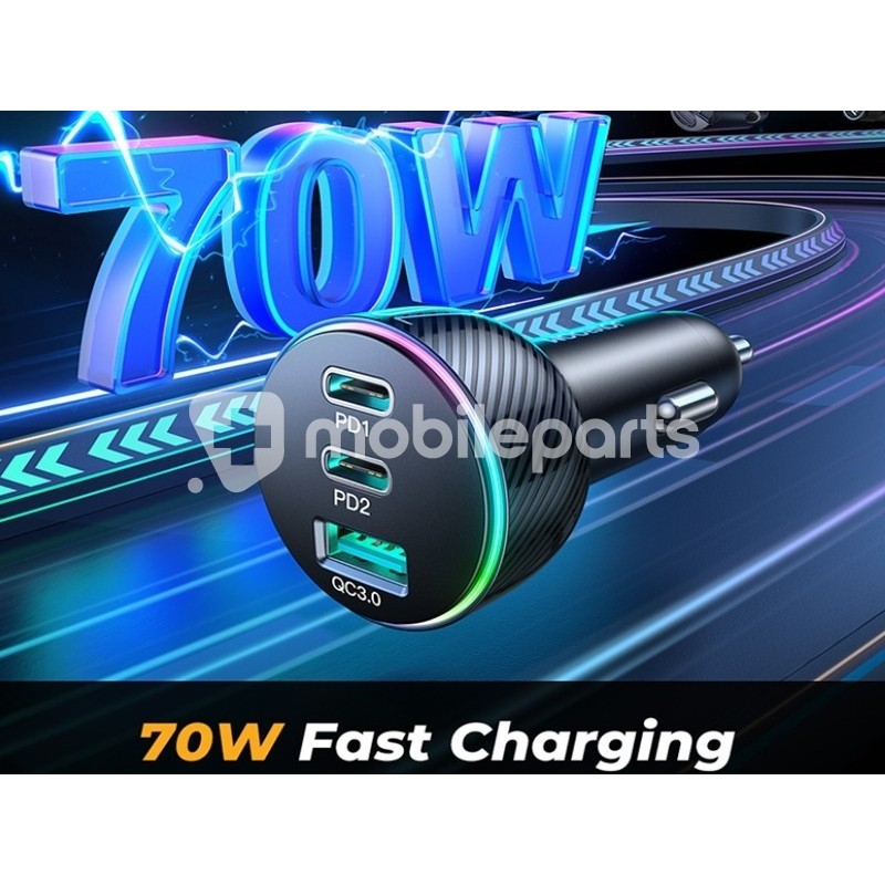 Car Charger 70W Fast Charging + 3 Ports USB - Type C - Type C