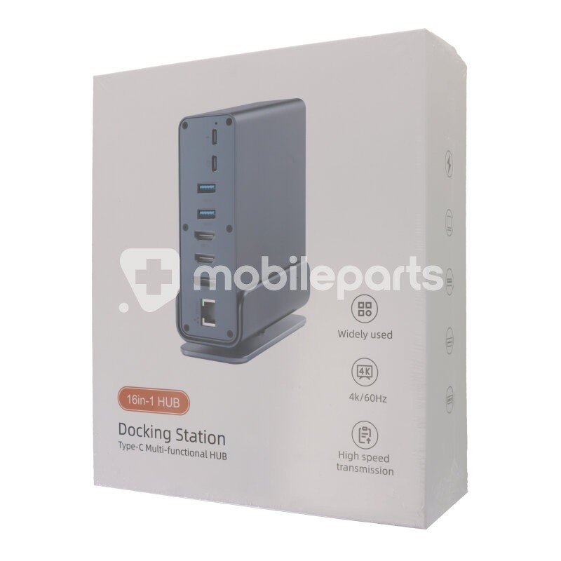 16 in 1 USB*5+Type-C*4+HDTV*2+SD/TF+RJ45+DP+3.5mm Multifunctional Docking Station Grey