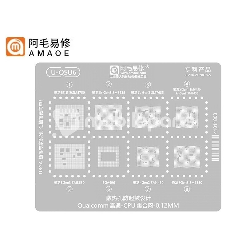 Stencil Amaoe U-QSU6 0.12mm Qualcomm SM8750 - 8635 - 7635 - 6450 - 7435 - 8650 - 4450 - 7550